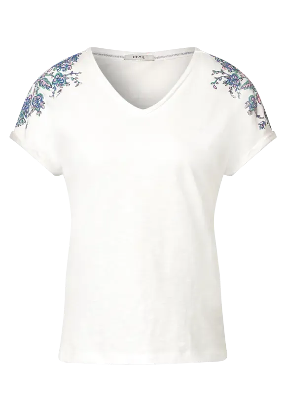 320176- White Shoulder Print T-shirt- Cecil