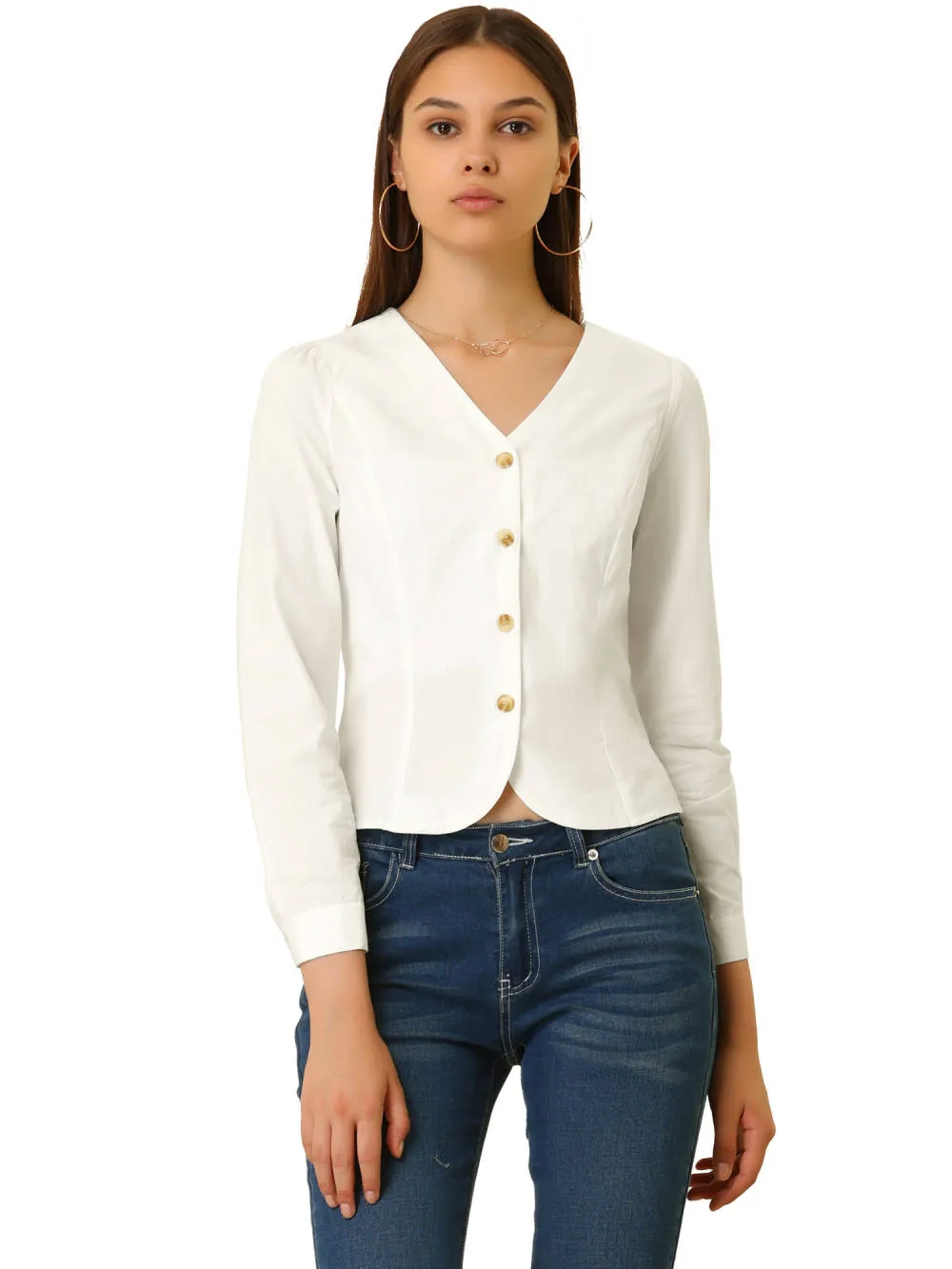 Allegra K - Casual V Neck Full Placket Long Sleeve Shirt