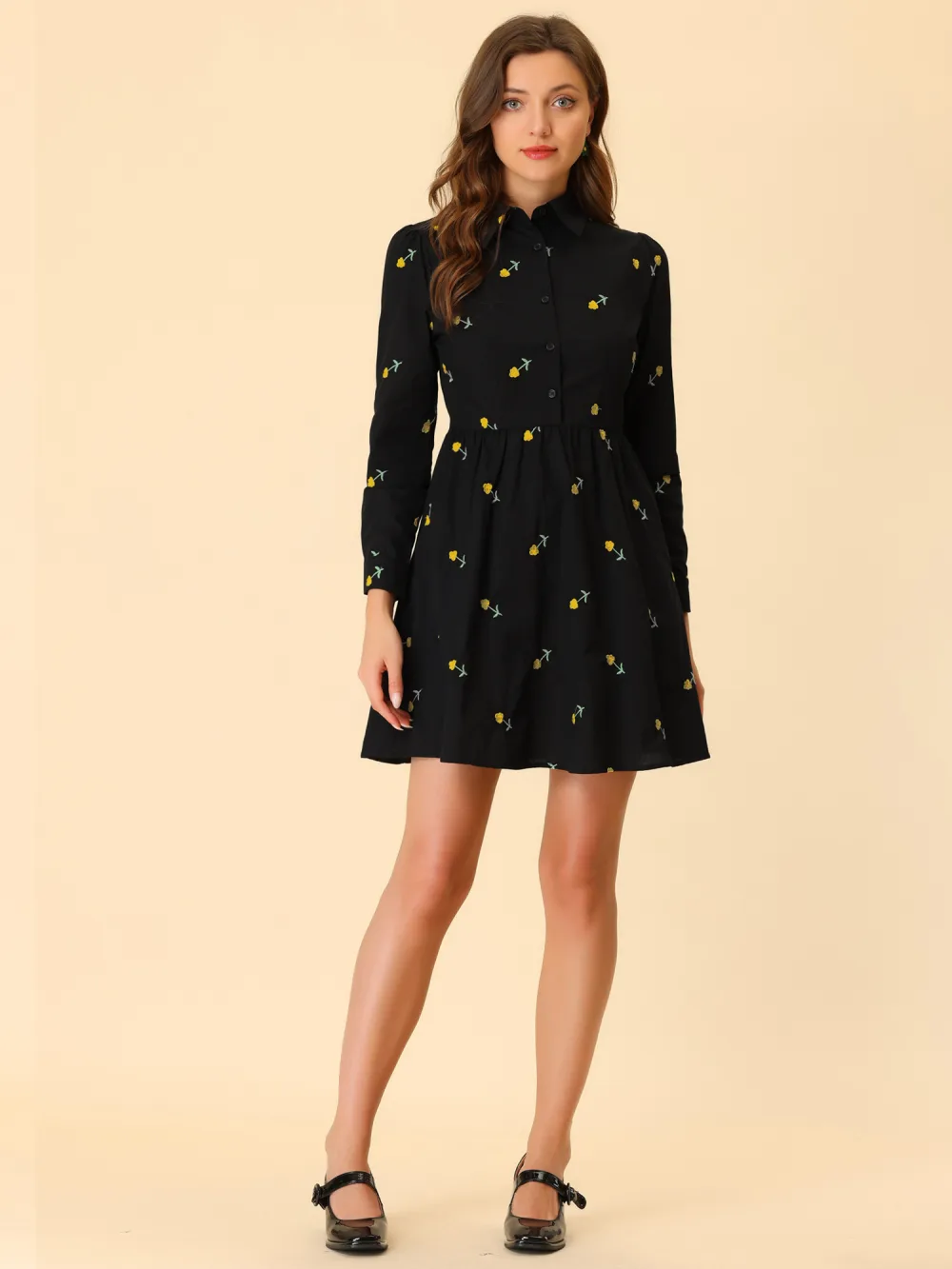 Allegra K- Long Sleeve Half Placket Embroidered Floral Mini Dress