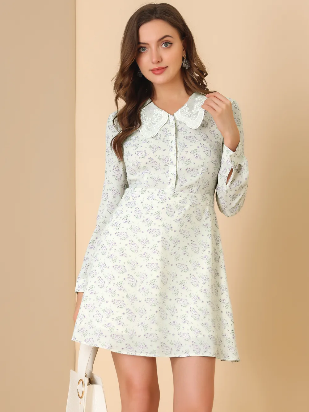 Allegra K- Long Sleeve Half Placket Floral Dress