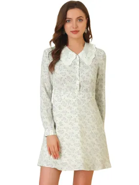 Allegra K- Long Sleeve Half Placket Floral Dress