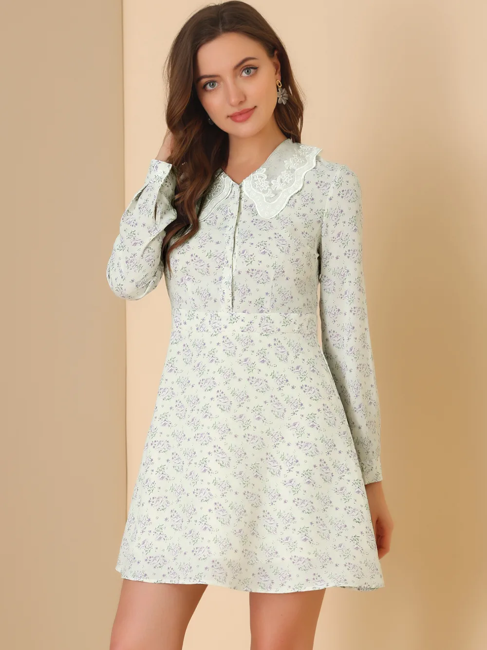 Allegra K- Long Sleeve Half Placket Floral Dress