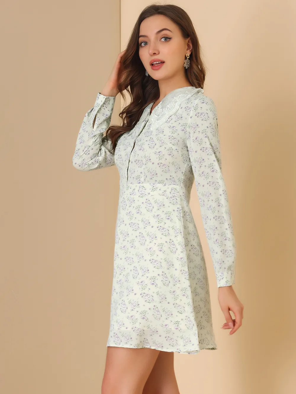 Allegra K- Long Sleeve Half Placket Floral Dress