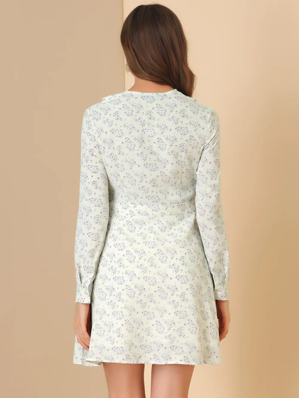 Allegra K- Long Sleeve Half Placket Floral Dress