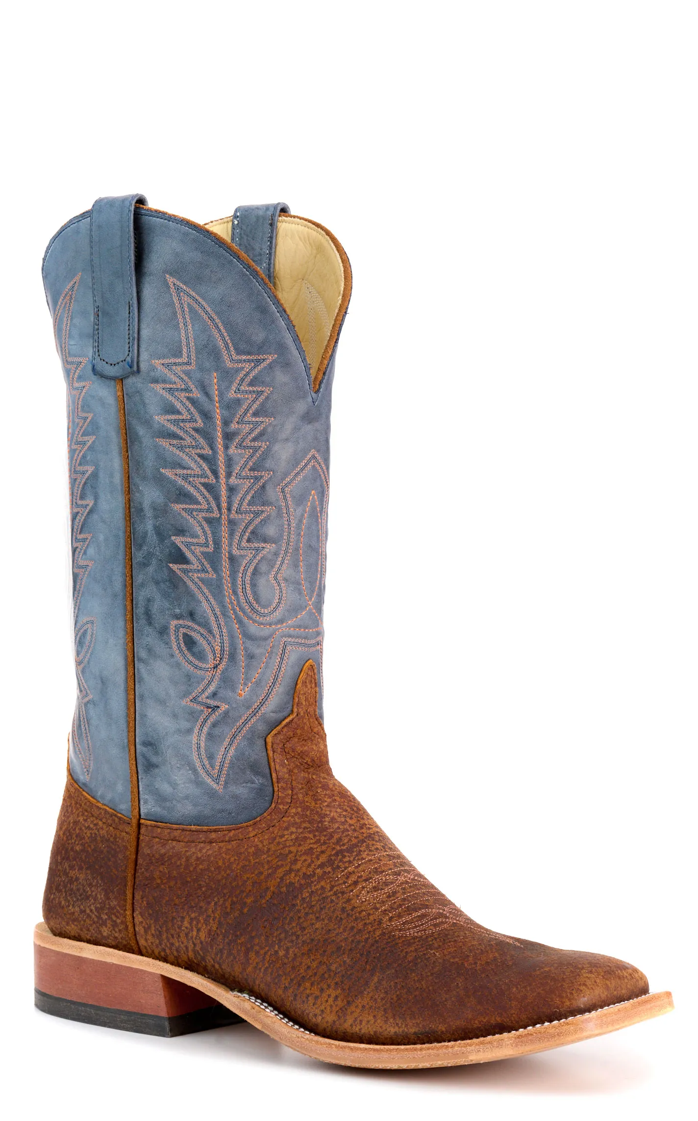 Anderson Bean Men's Chocolate Boar and Blue Hybrid Wide Square Toe Cowboy Boots