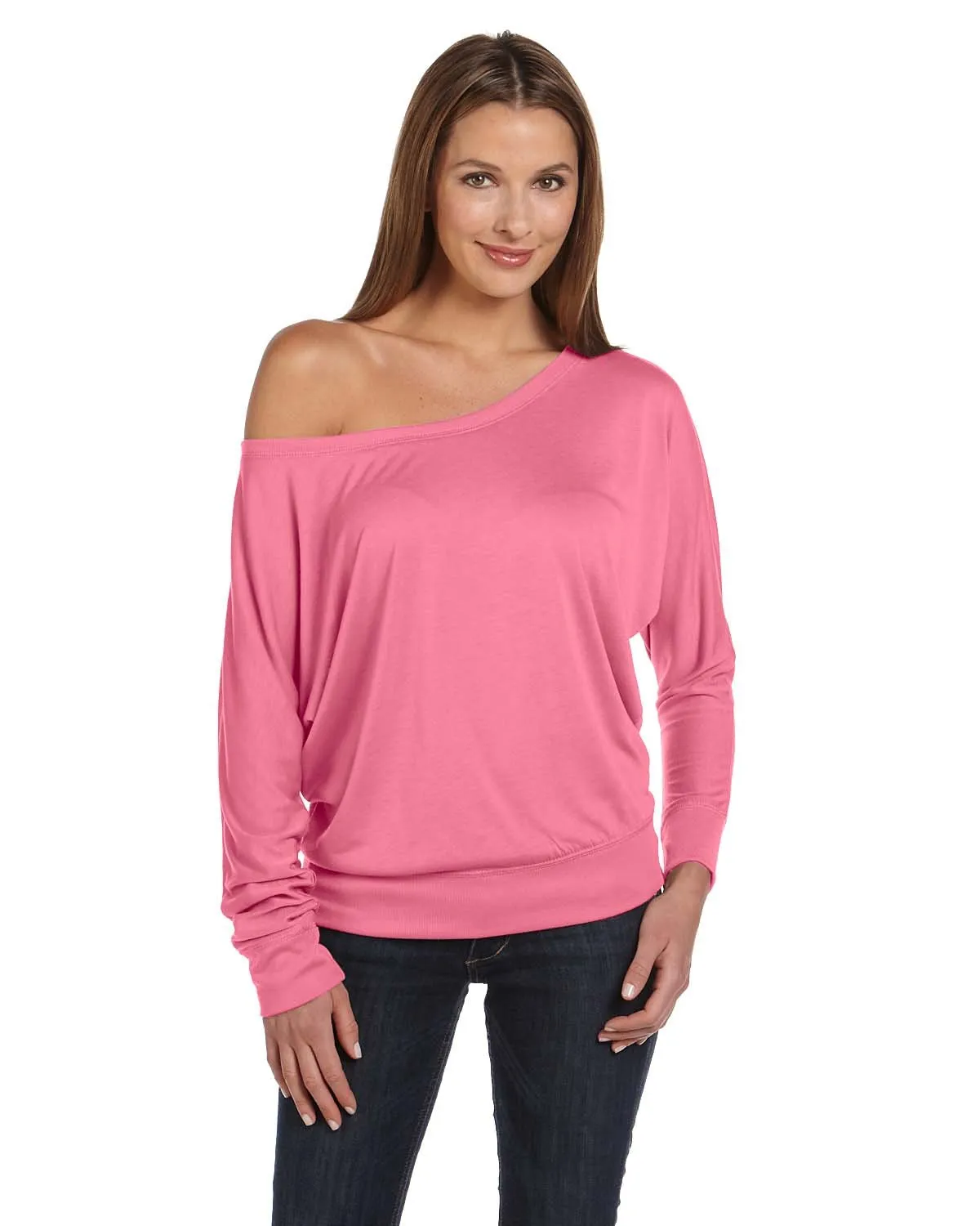 Bella + Canvas Ladies Flowy Long Sleeve Off Shoulder T-Shirt 8850 Neon Pink