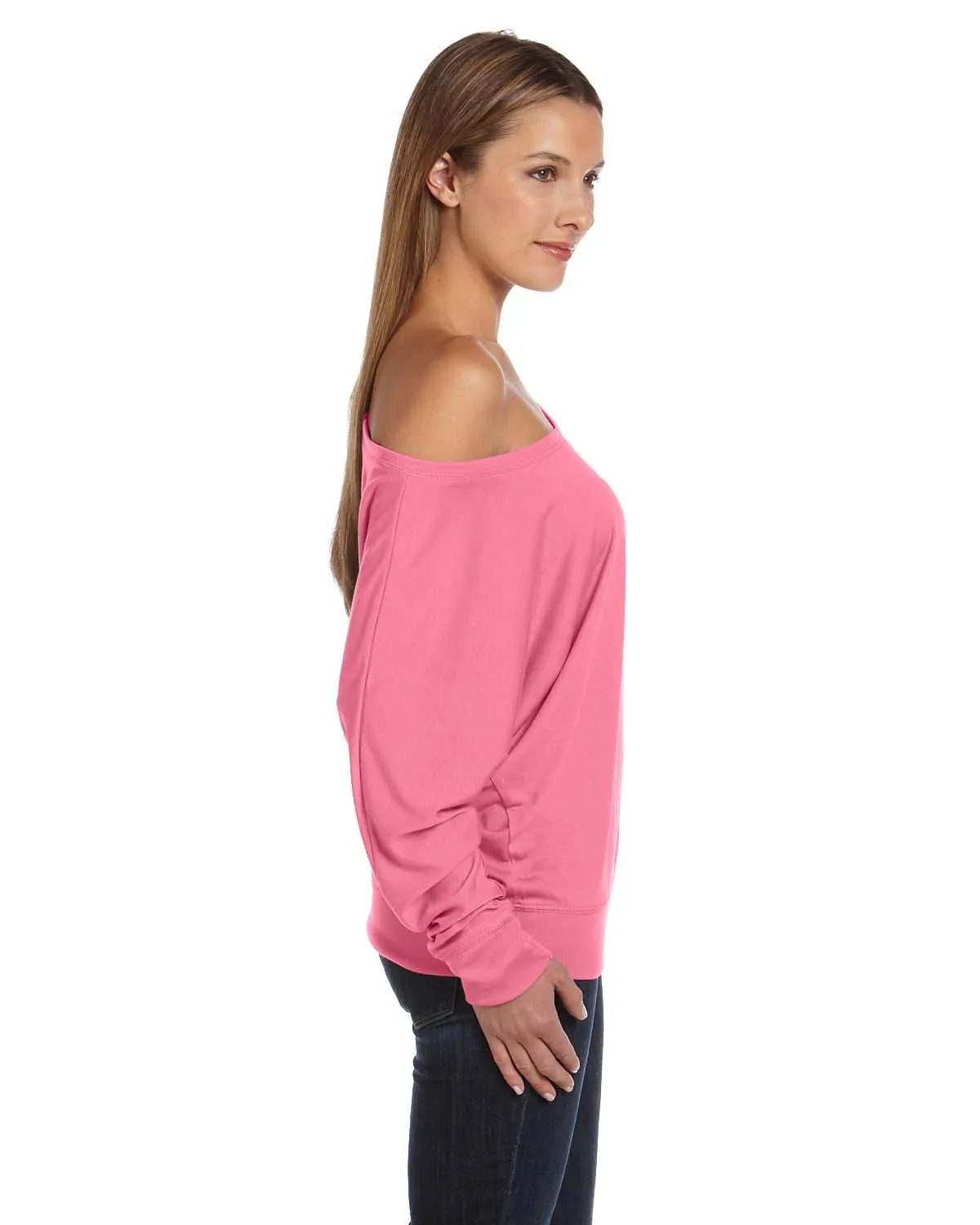 Bella + Canvas Ladies Flowy Long Sleeve Off Shoulder T-Shirt 8850 Neon Pink