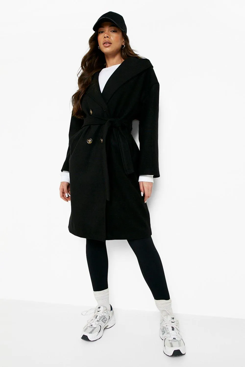 Belted Hooded Wool Look Coat