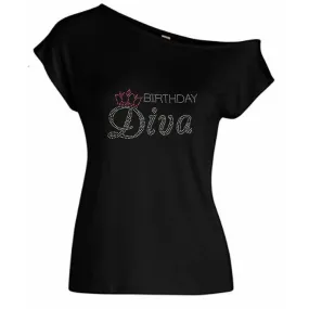 Birthday Diva Rhinestone Crown Off Shoulder T Shirt