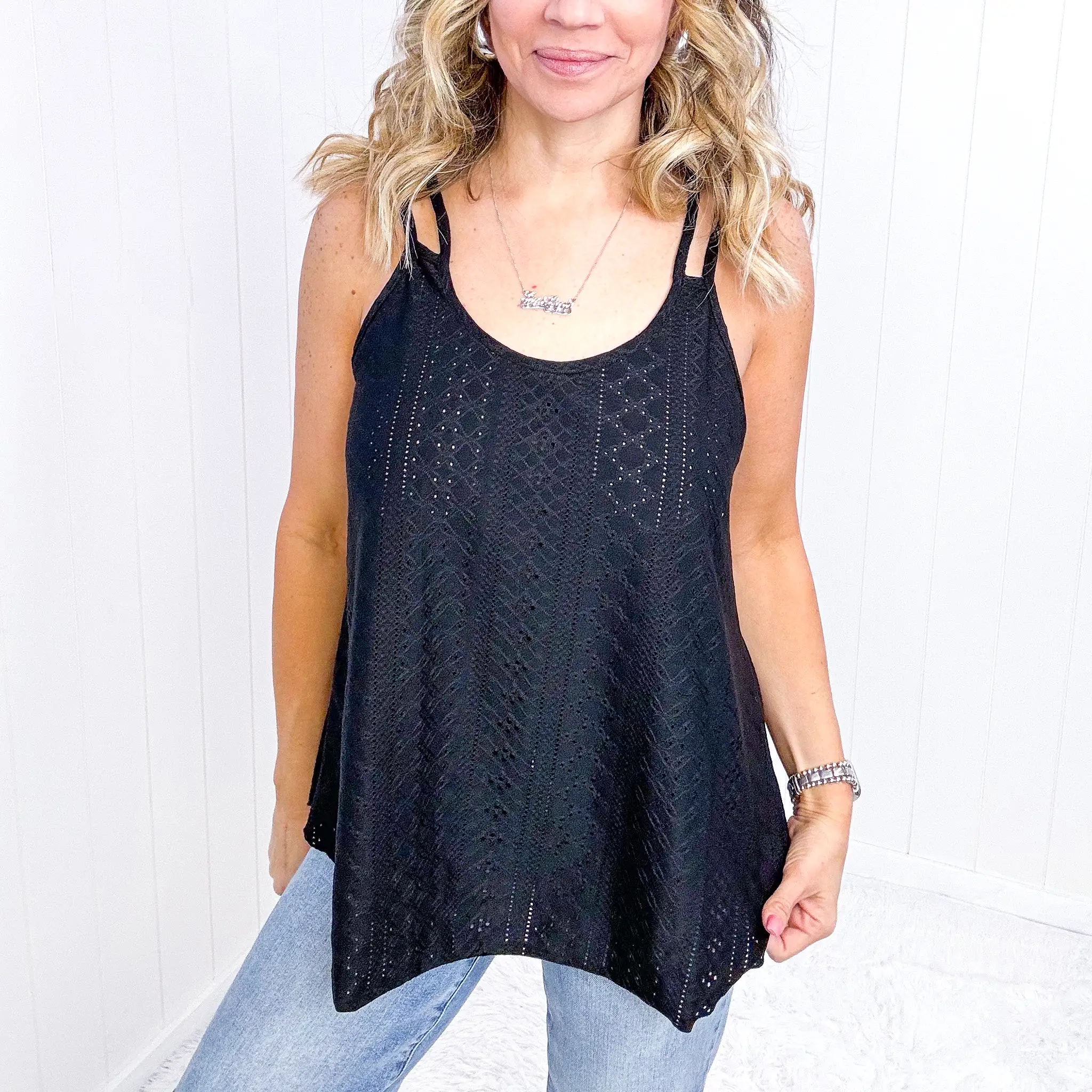 Black Eye on the Prize Eyelet Tank Top in Black