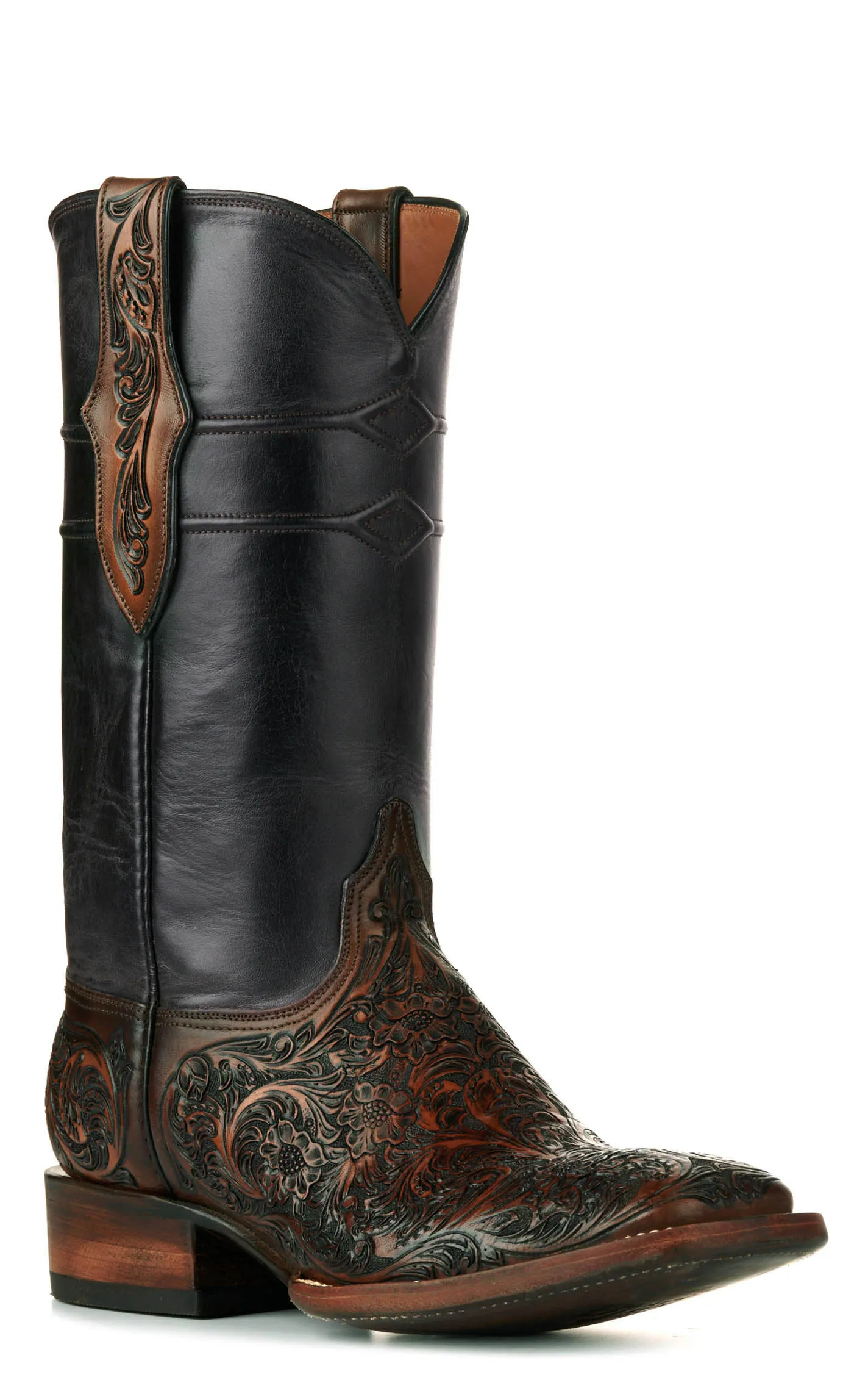 Black Jack Men's Mahogany Black and Brown Hand Tooled Wide Square Toe Cowboy Boots