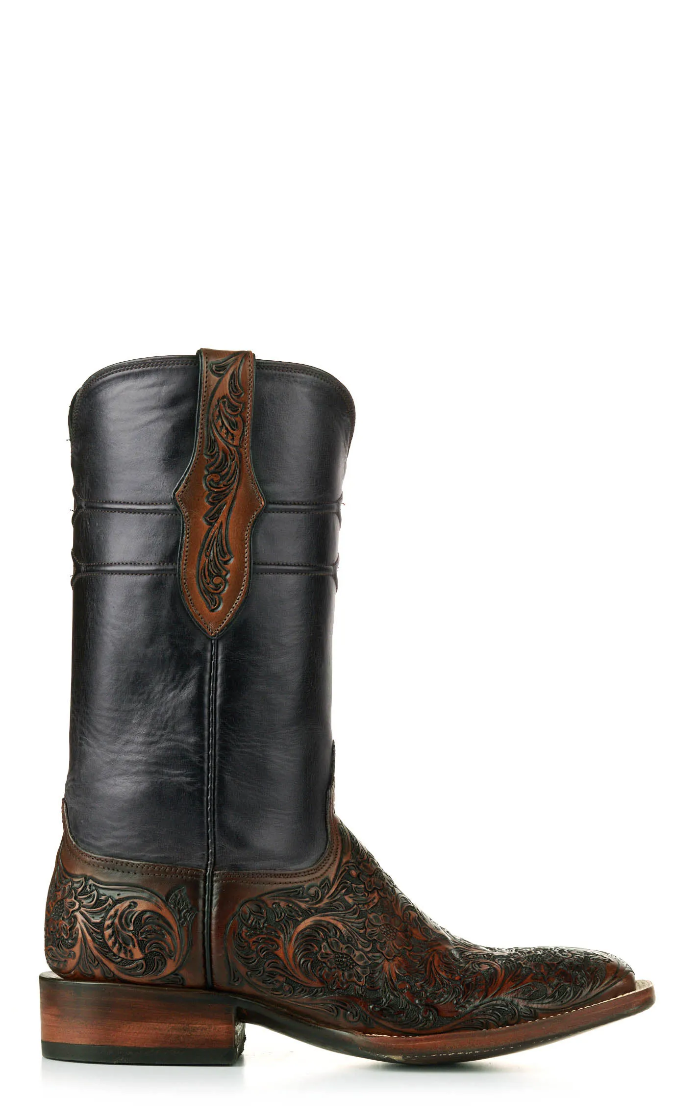 Black Jack Men's Mahogany Black and Brown Hand Tooled Wide Square Toe Cowboy Boots