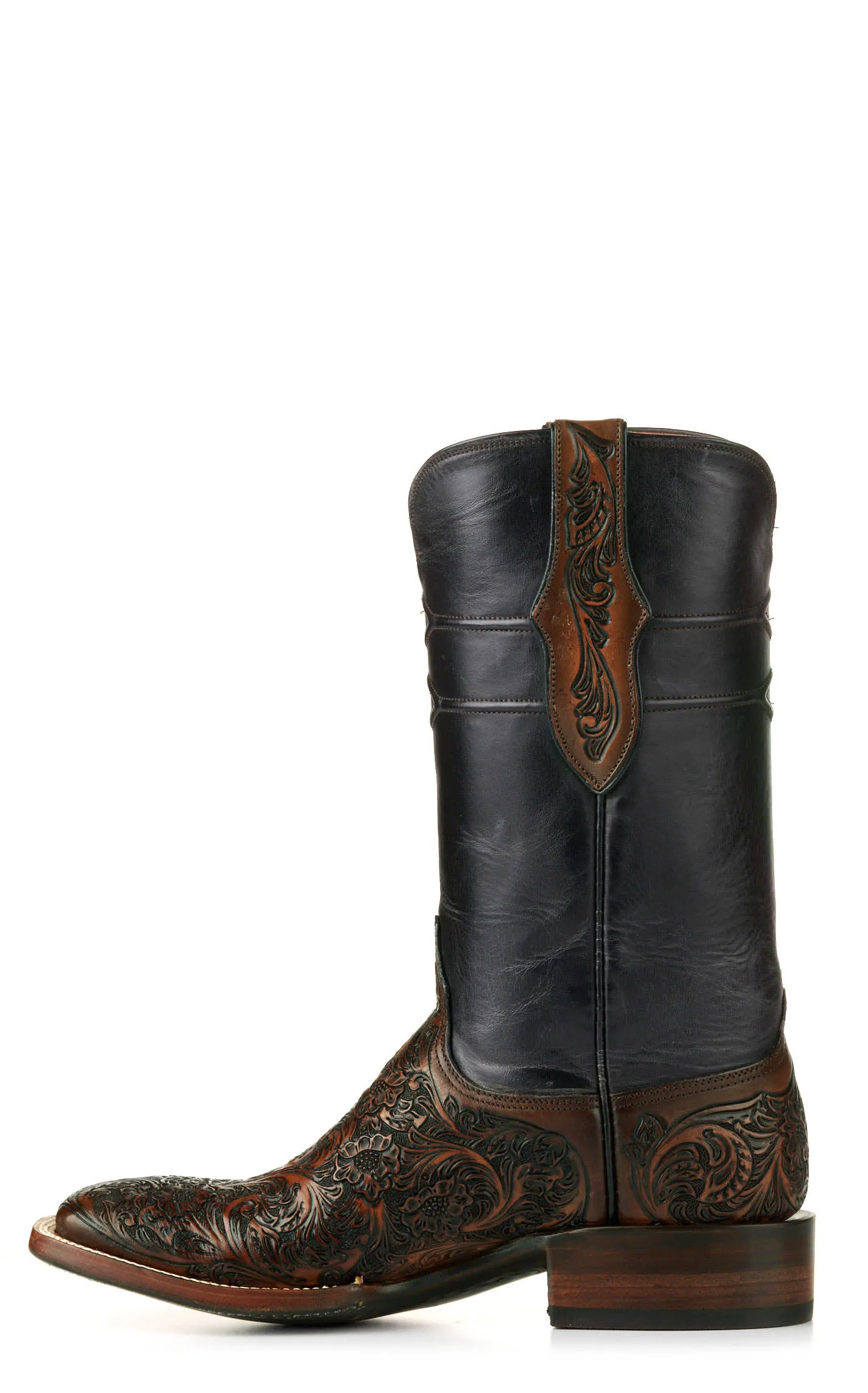 Black Jack Men's Mahogany Black and Brown Hand Tooled Wide Square Toe Cowboy Boots