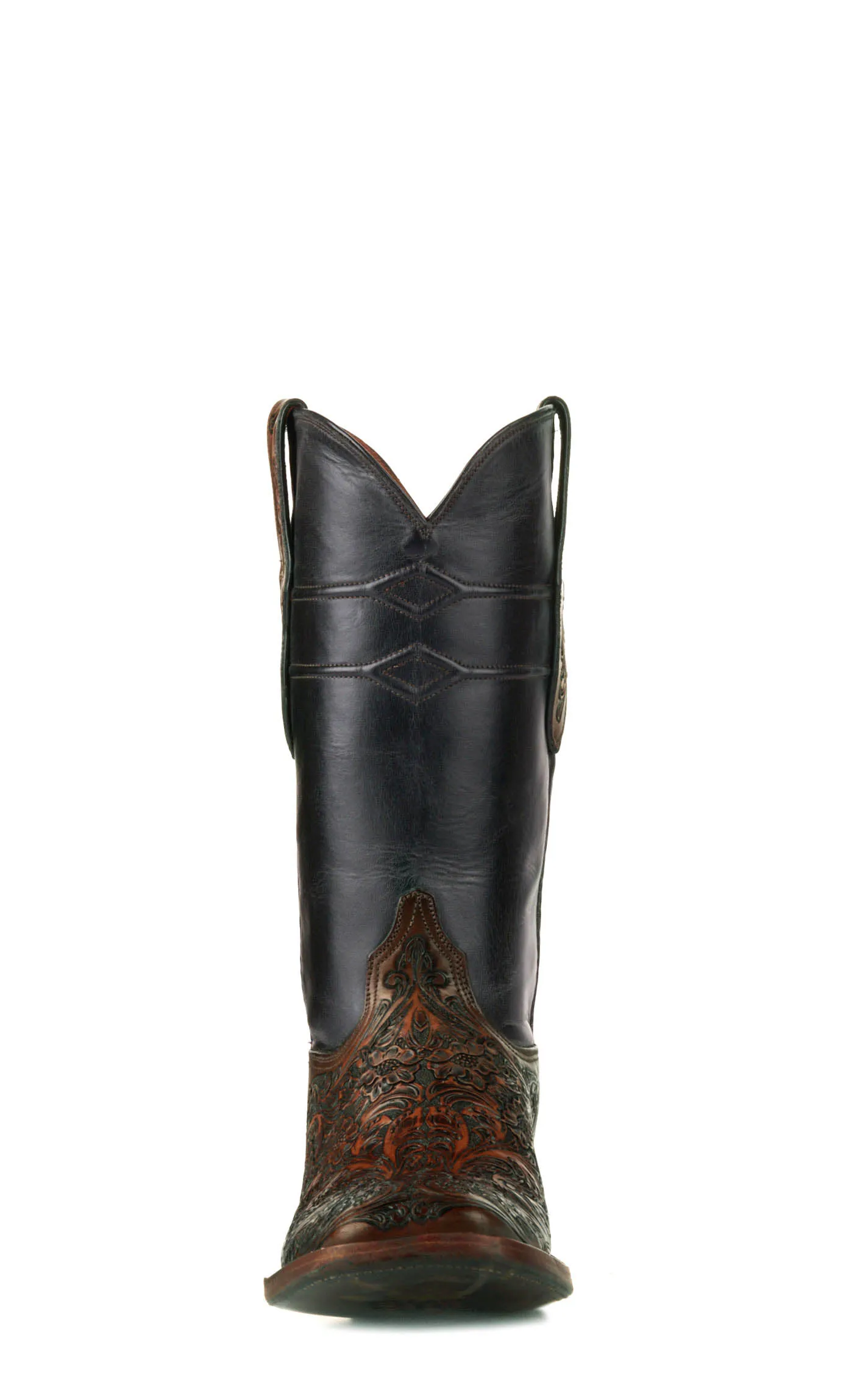 Black Jack Men's Mahogany Black and Brown Hand Tooled Wide Square Toe Cowboy Boots