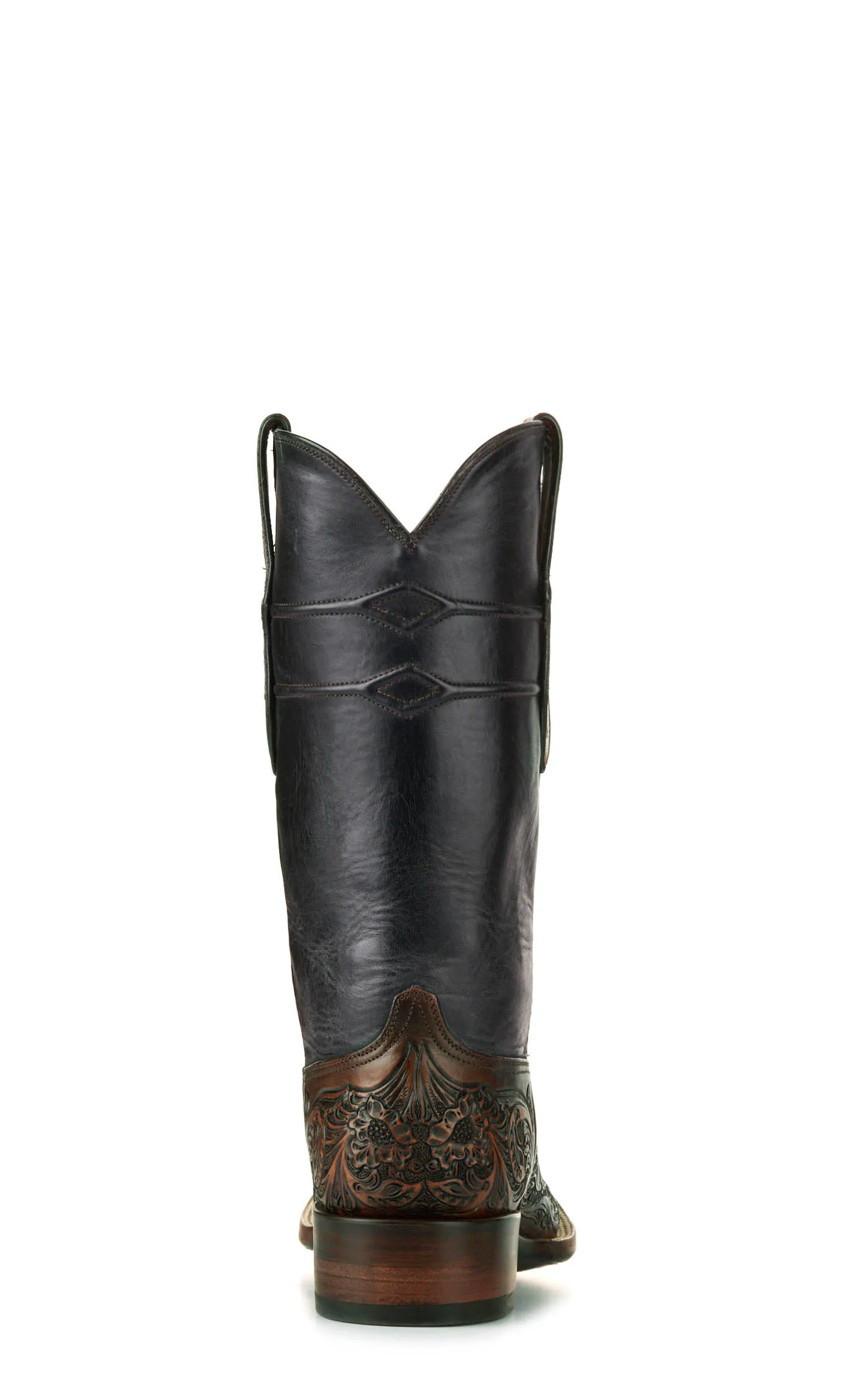 Black Jack Men's Mahogany Black and Brown Hand Tooled Wide Square Toe Cowboy Boots