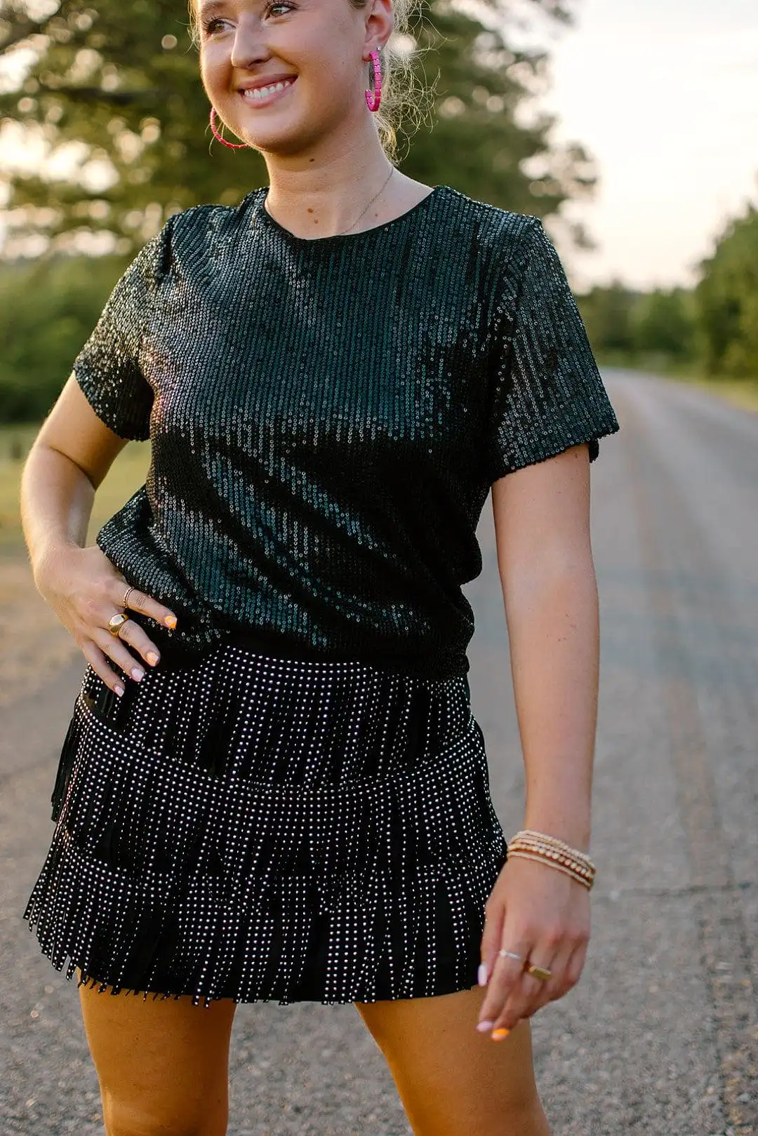 Black Sequin Cap Sleeve Top