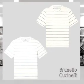 BRUNELLO CUCINELLI  |Stripes Linen Blended Fabrics Cotton Short Sleeves T-Shirts