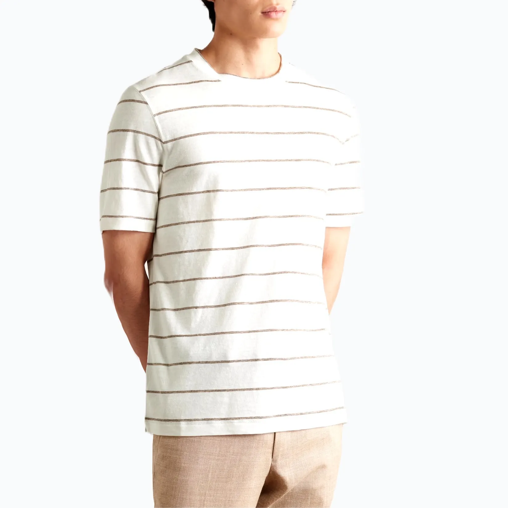 BRUNELLO CUCINELLI  |Stripes Linen Blended Fabrics Cotton Short Sleeves T-Shirts