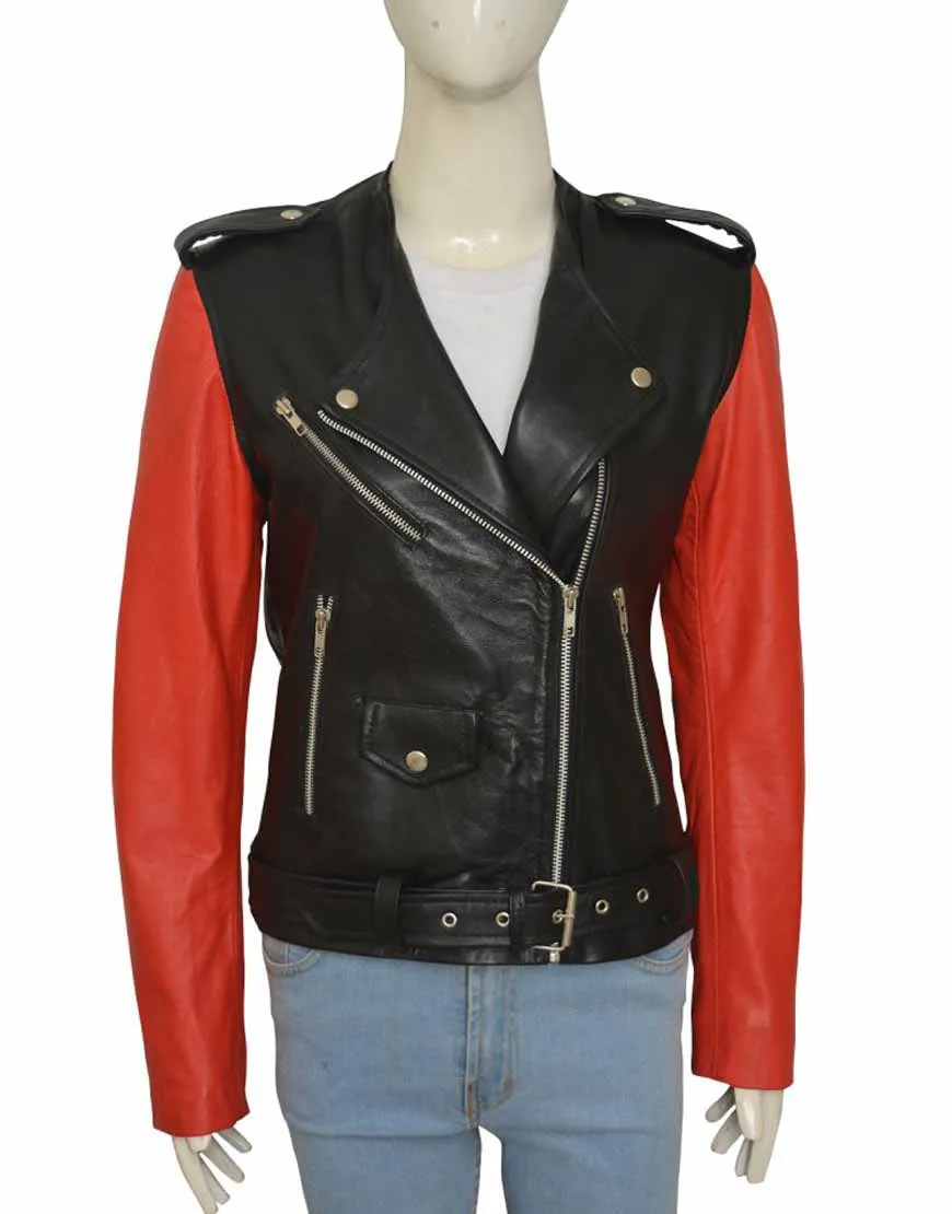 Collarless Red and Black Hailey Baldwin Leather Jacket - UJackets