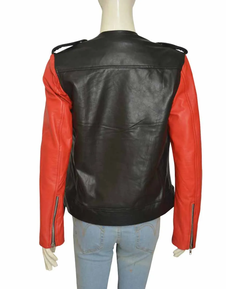 Collarless Red and Black Hailey Baldwin Leather Jacket - UJackets