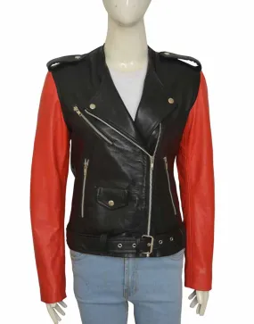 Collarless Red and Black Hailey Baldwin Leather Jacket - UJackets