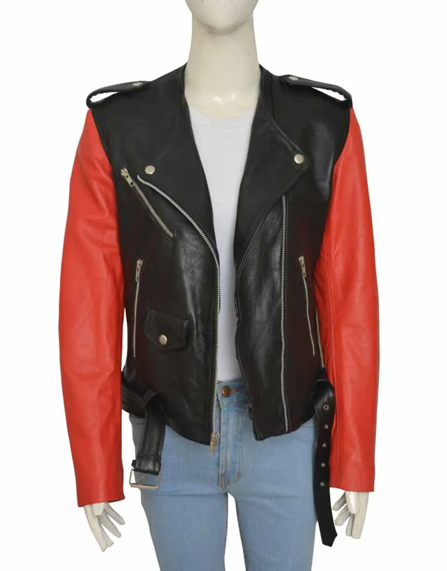 Collarless Red and Black Hailey Baldwin Leather Jacket - UJackets