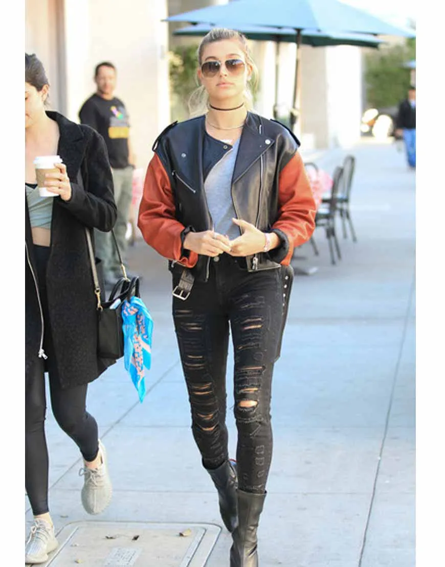 Collarless Red and Black Hailey Baldwin Leather Jacket - UJackets