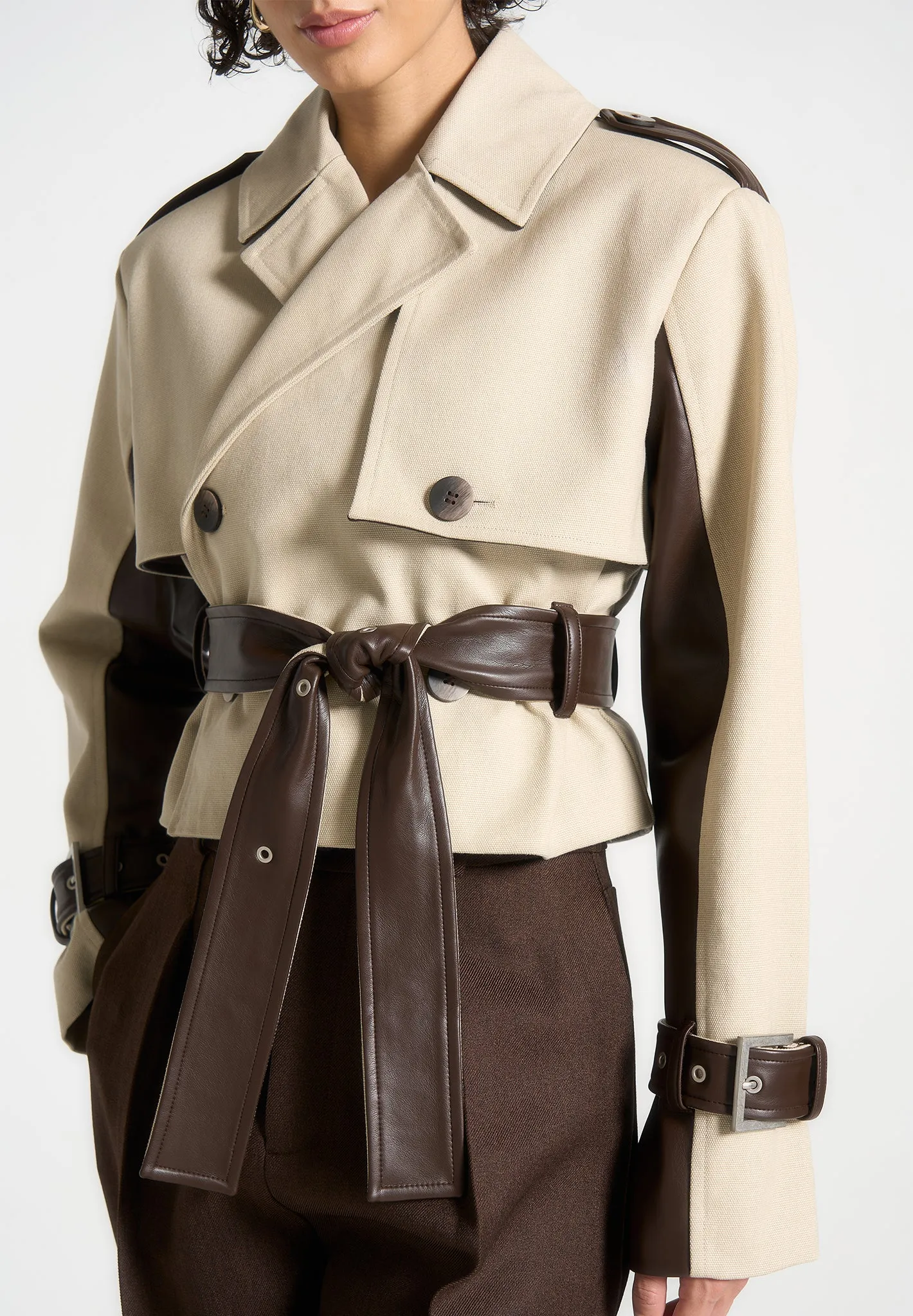 Cropped Trench Coat with Belt - Beige/Brown