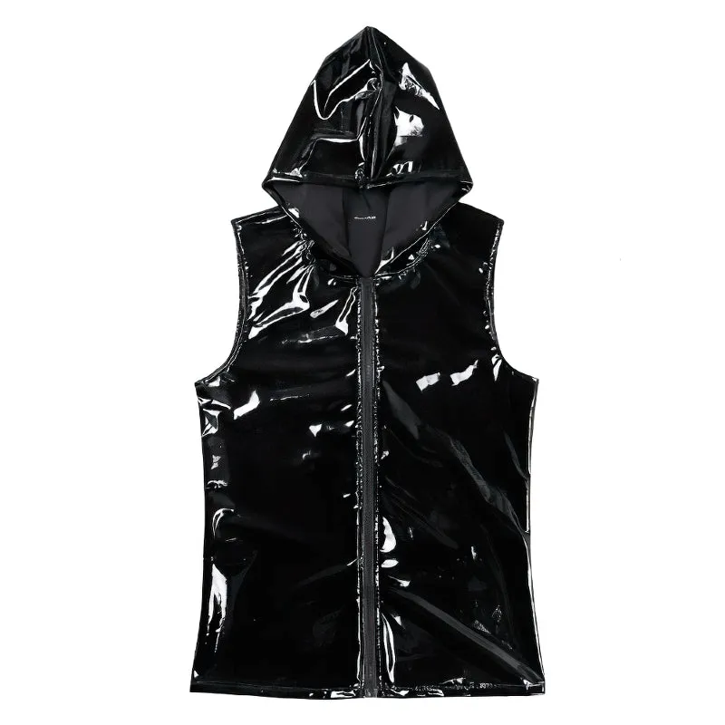 EU SALE of Wet Look Black Vest with Hood / Hip Hop Closure Costumes