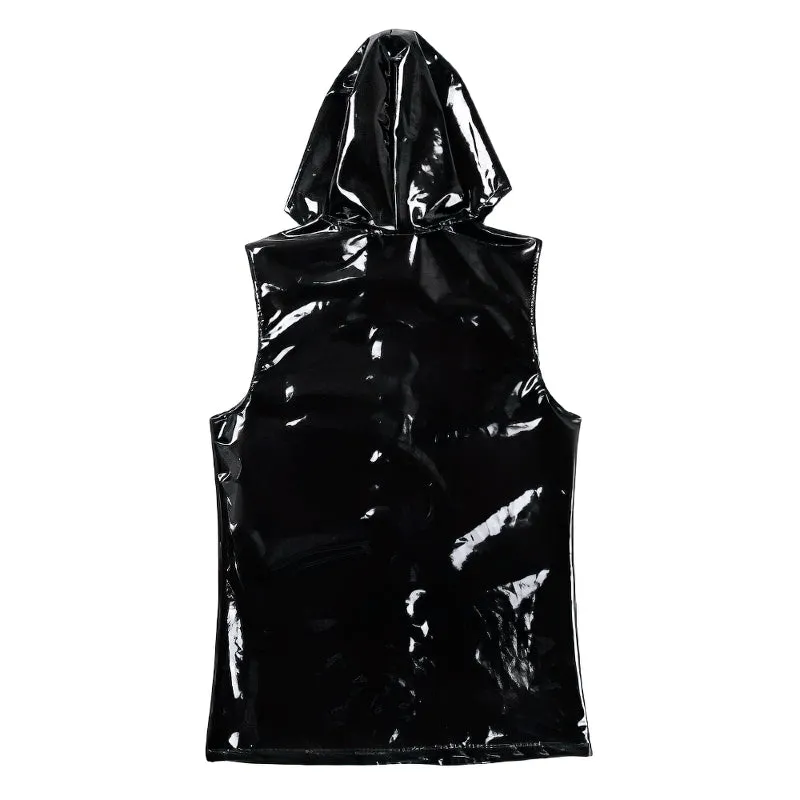 EU SALE of Wet Look Black Vest with Hood / Hip Hop Closure Costumes