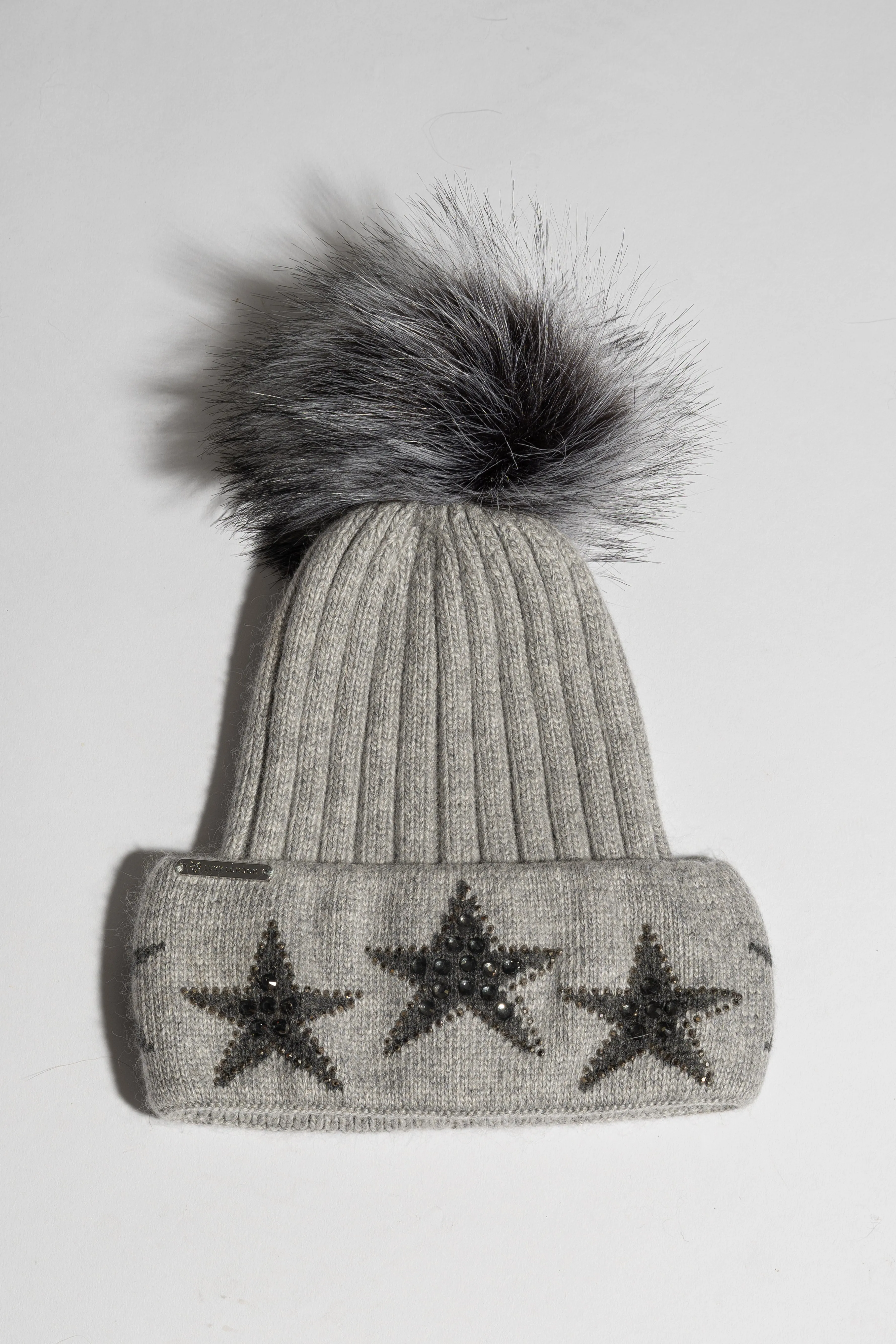 Faux Phoenix Star Embellished Pom Pom Hat - Grey