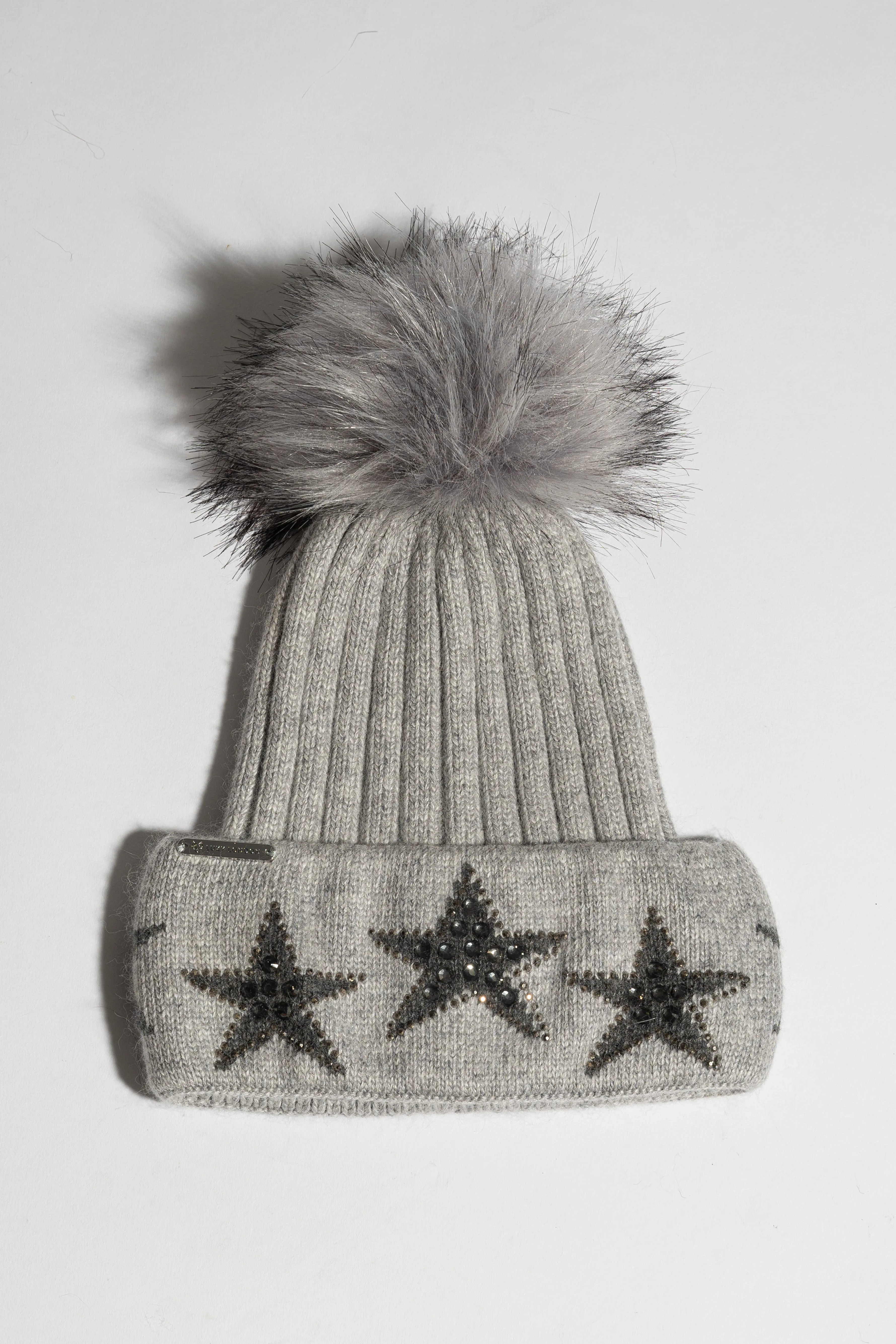 Faux Phoenix Star Embellished Pom Pom Hat - Grey