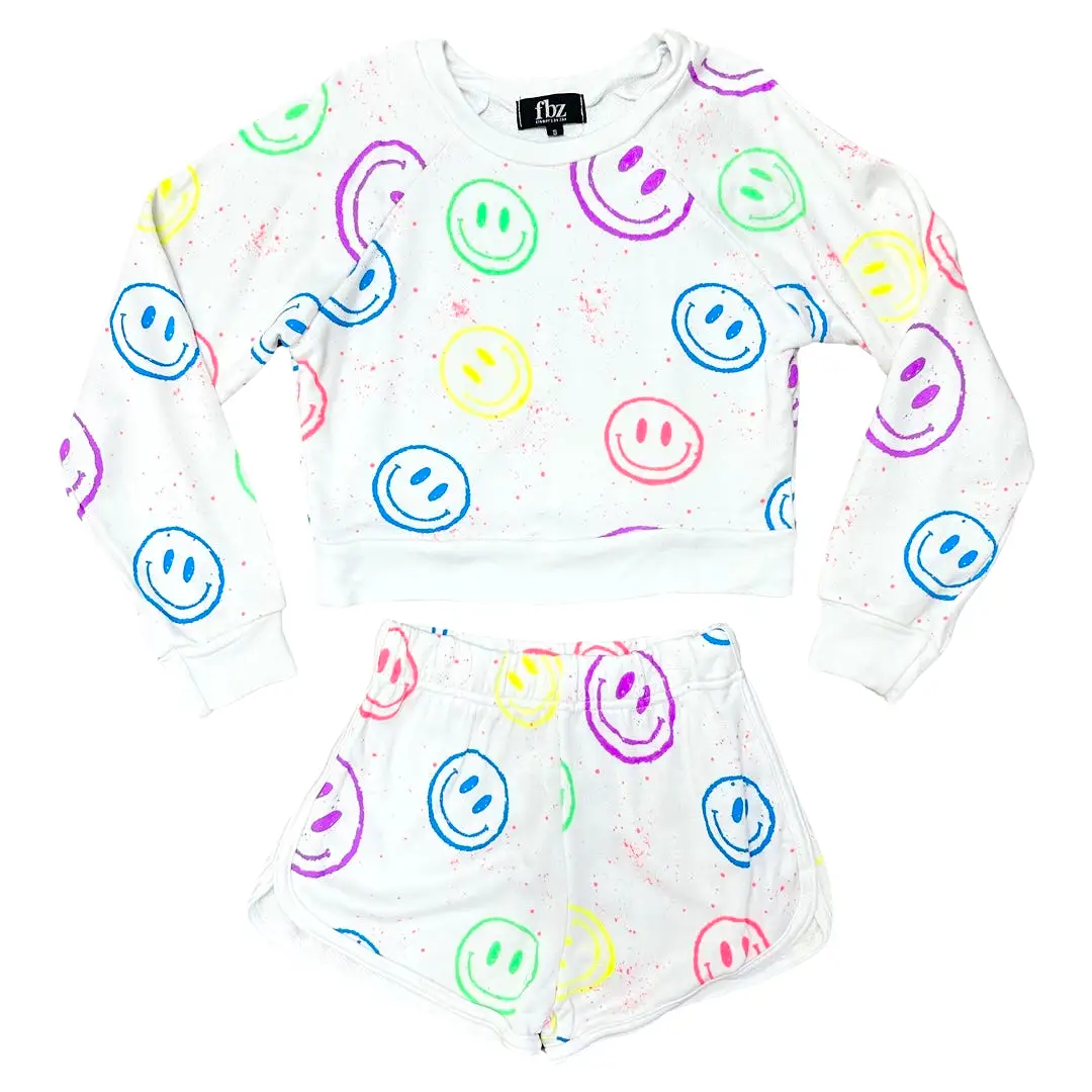 FBZ Multi Rainbow Smiley Splatter White Sweatshirt