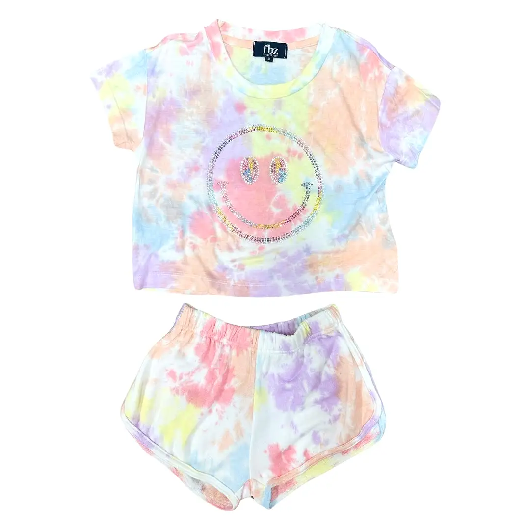 FBZ Rhinestone Smiley Multi Color Tie Dye S/S Tee