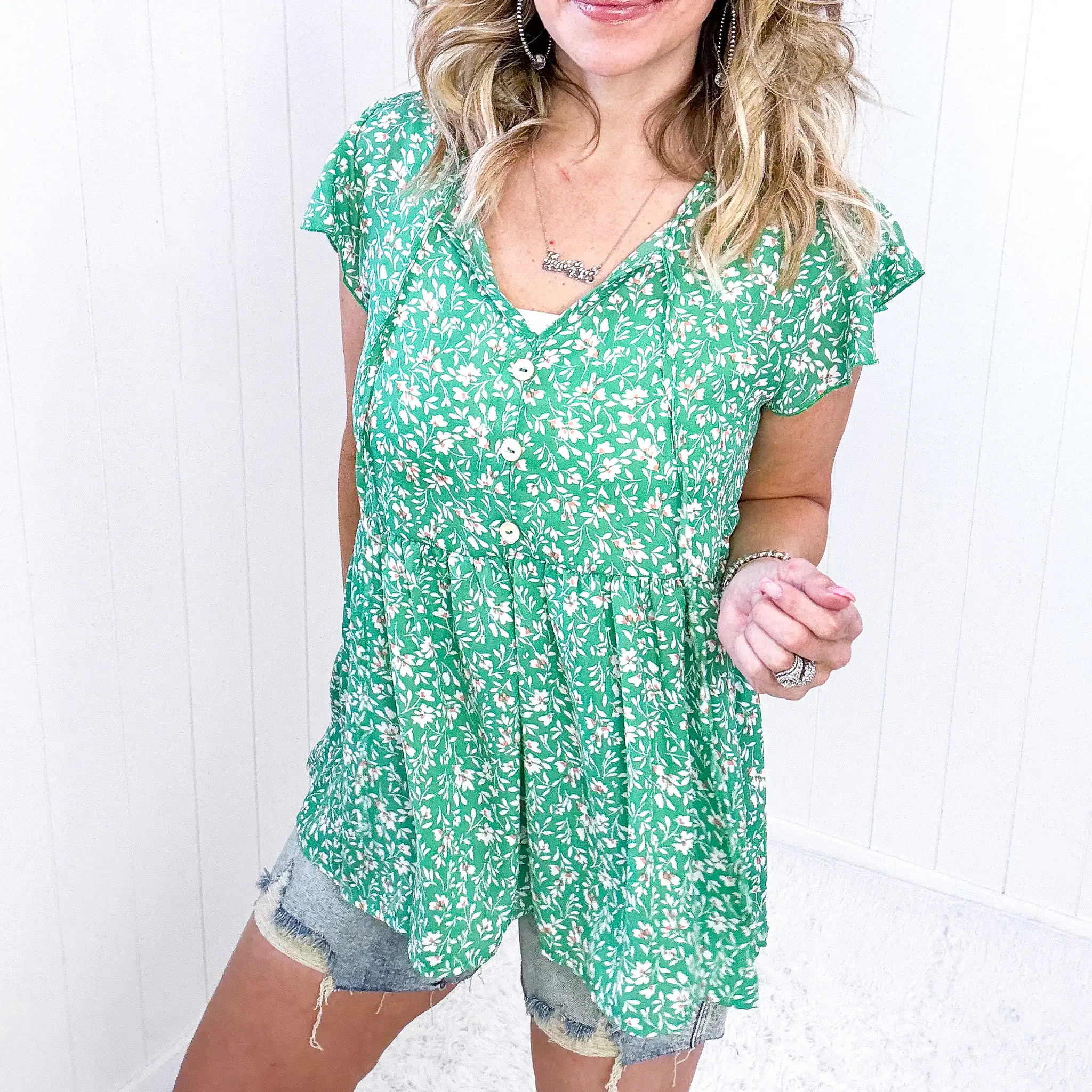 Flirty and Thriving Floral Flutter Sleeve Top in Green