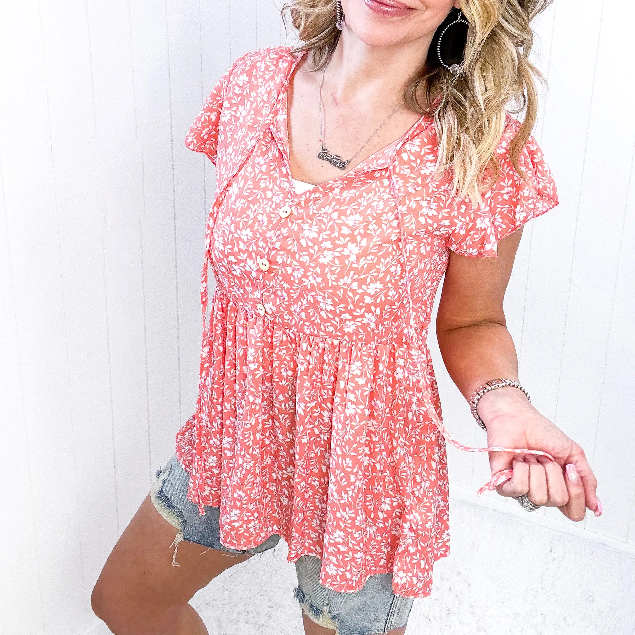 Flirty and Thriving Floral Flutter Sleeve Top in Peach