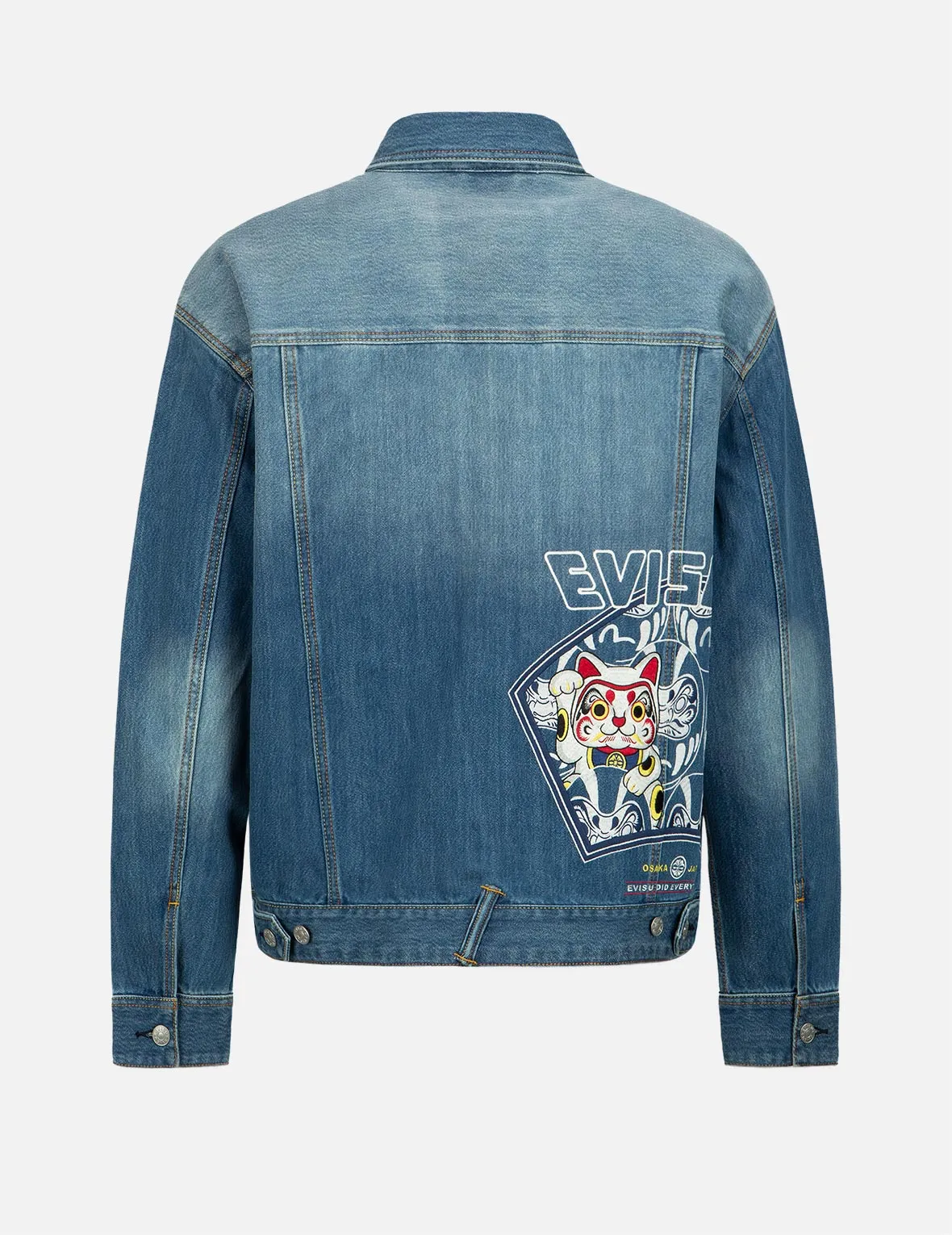 Fortune Cat and Daruma Embroidery Denim Jacket