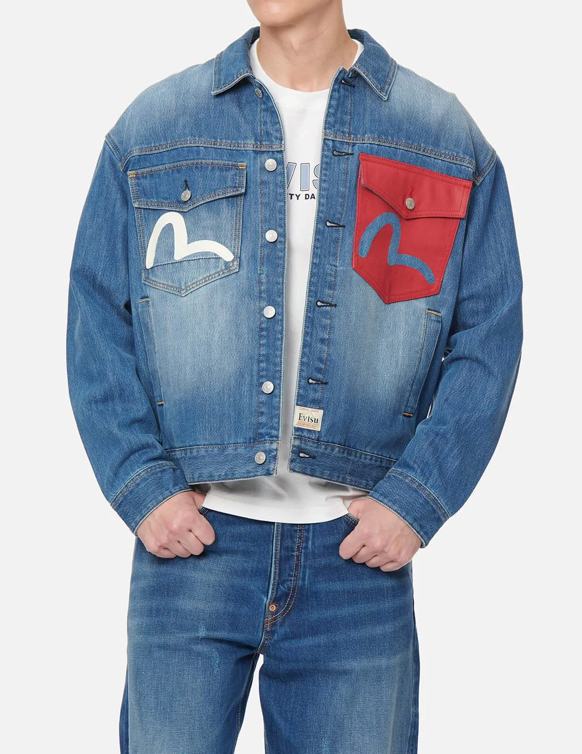 Fortune Cat and Daruma Embroidery Denim Jacket