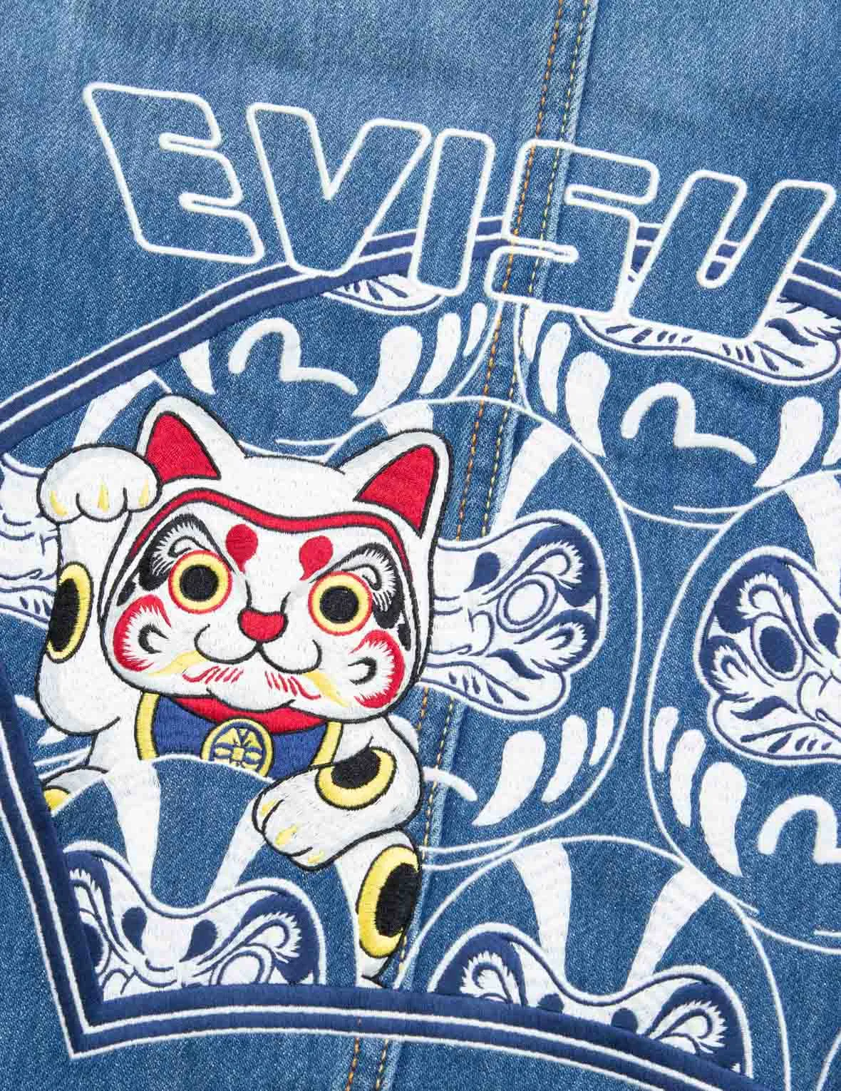 Fortune Cat and Daruma Embroidery Denim Jacket