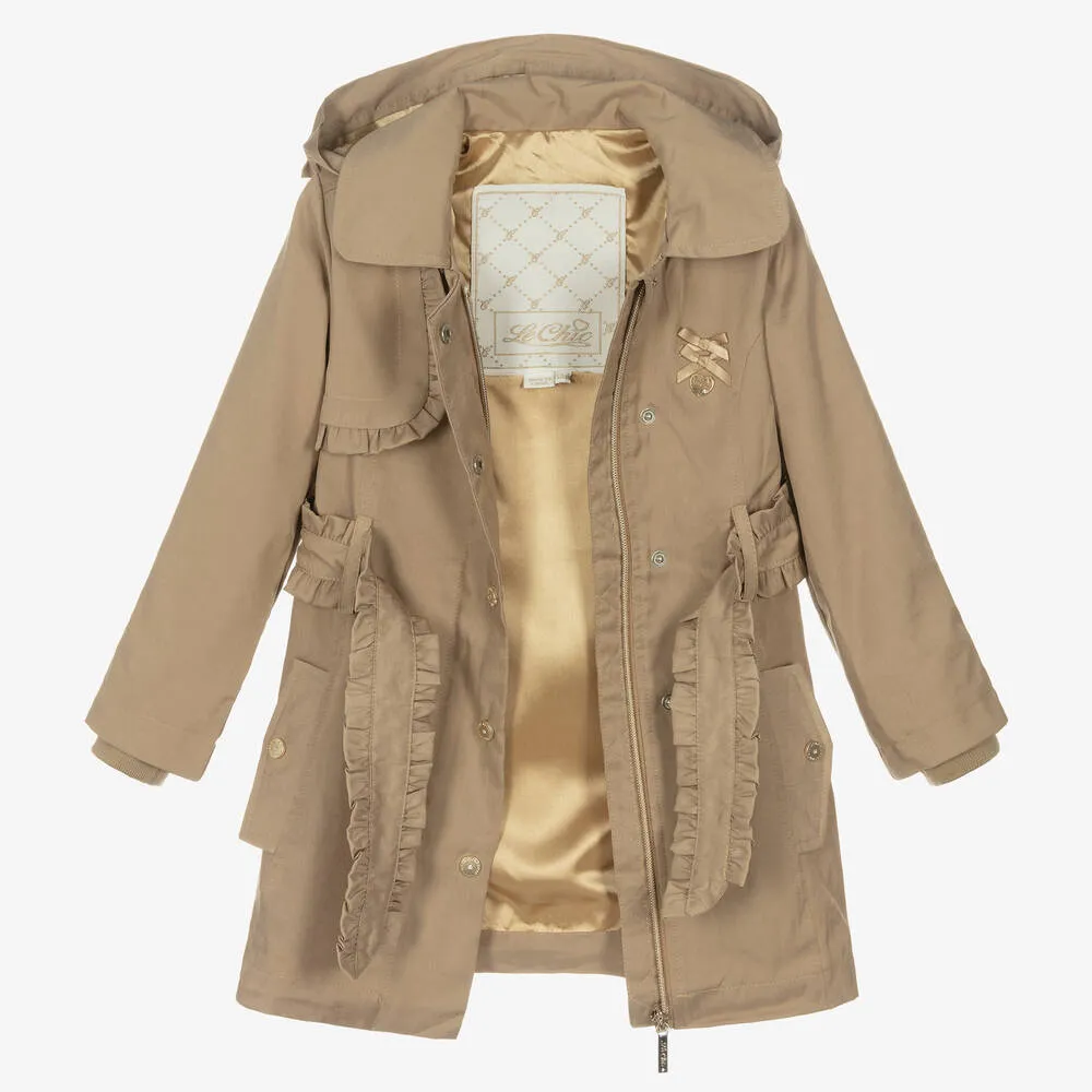 Girls Beige Ruffle Trench Coat