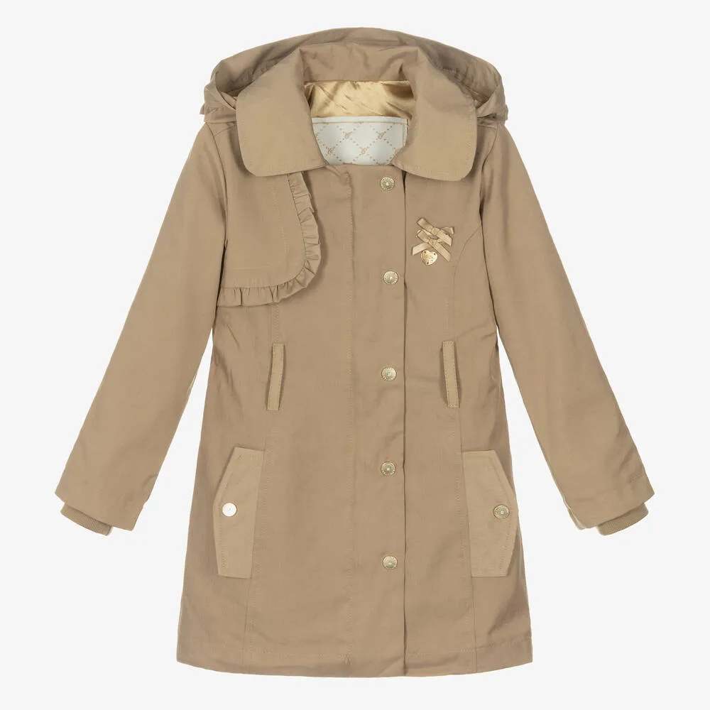 Girls Beige Ruffle Trench Coat