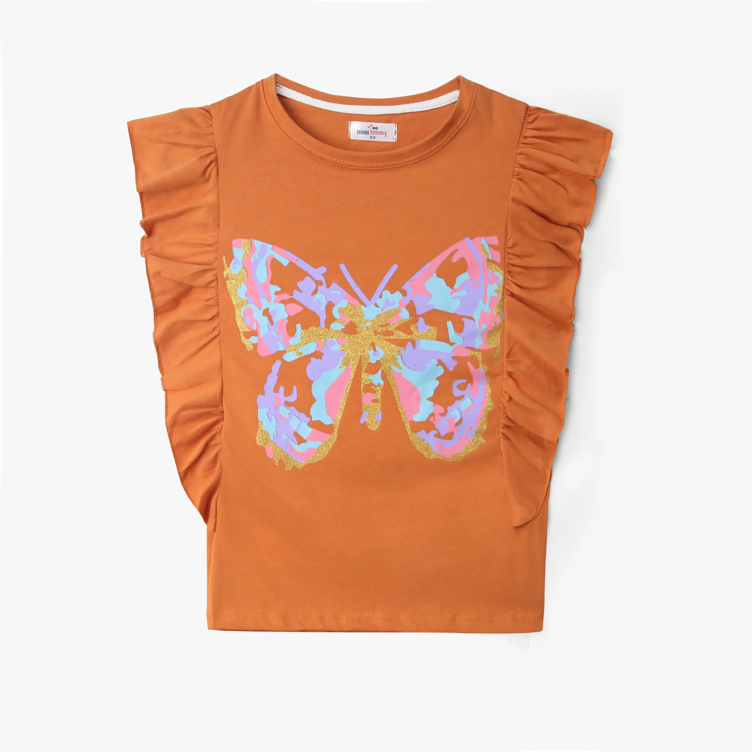 Girls Soft Cotton Frill Shoulder Printed T-Shirt