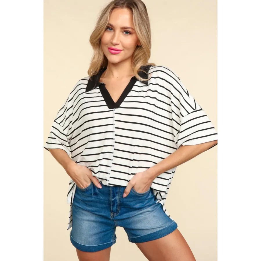 Haptics Full Size Striped Dropped Shoulder Half Sleeve T-Shirt