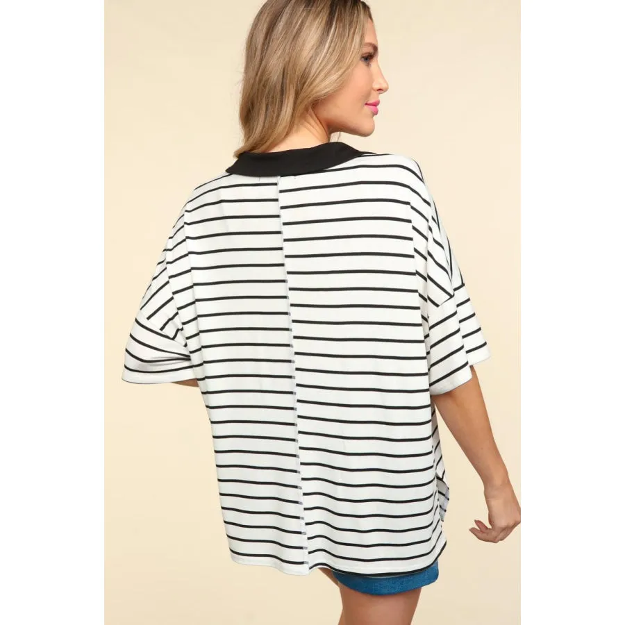 Haptics Full Size Striped Dropped Shoulder Half Sleeve T-Shirt