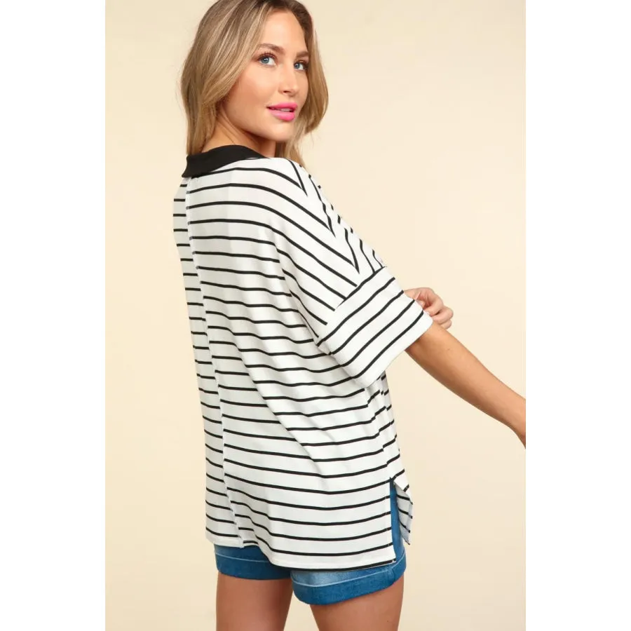 Haptics Full Size Striped Dropped Shoulder Half Sleeve T-Shirt