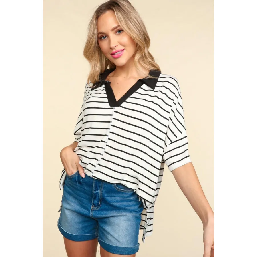 Haptics Full Size Striped Dropped Shoulder Half Sleeve T-Shirt