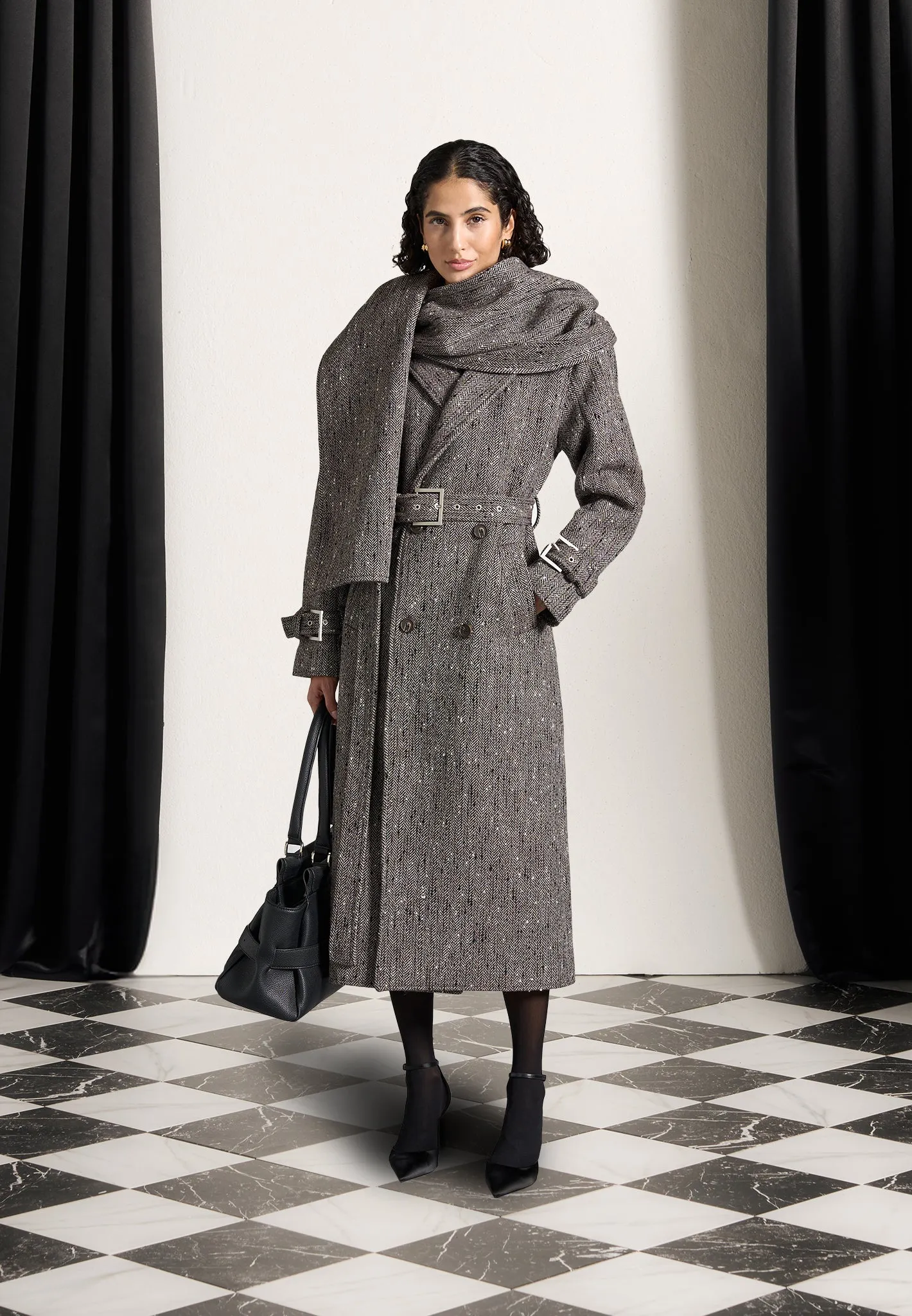 Herringbone Wool Trench Coat with Scarf - Brown