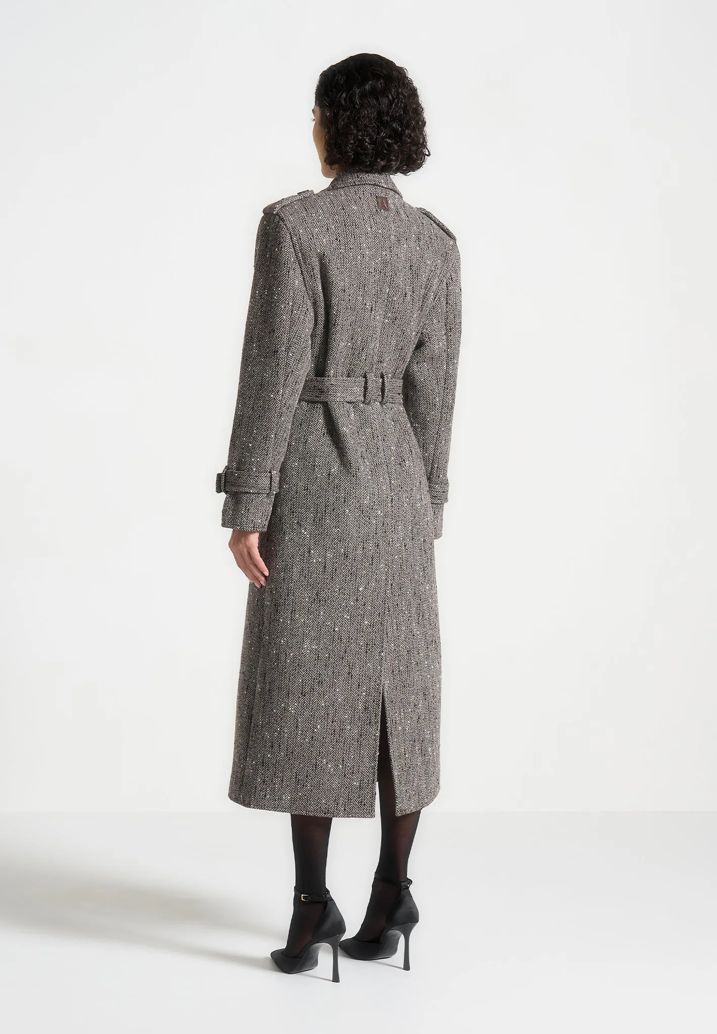 Herringbone Wool Trench Coat with Scarf - Brown