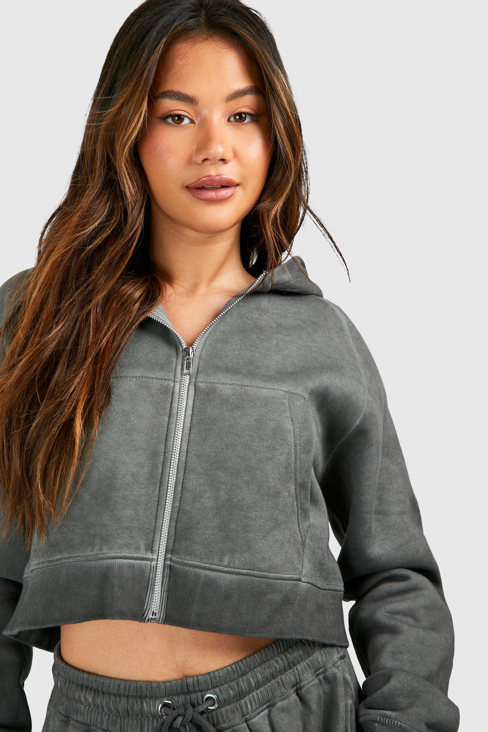 Hoodies & Sweatshirts | Washed Boxy Zip Through Hoodie | boohoo