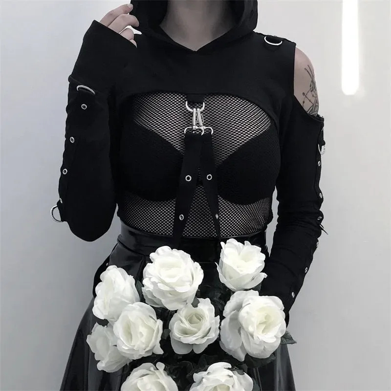 InstaHot Black Cold Shoulder Hooded Hoodies Women Gothic Sexy Autumn Long Sleeve Crop Tops Lady Cool Chain Fashion Clothes Loose